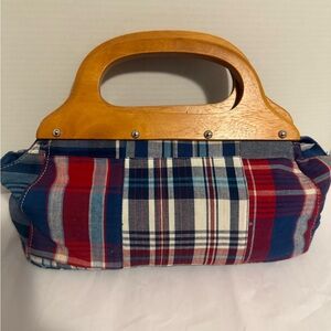 Summer Plaid Red and Blue Handbag with Wooden Handle